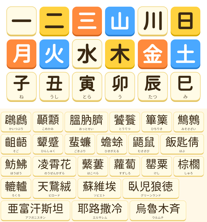1年生の漢字と難しい漢字のことばの漢字タイルの見本